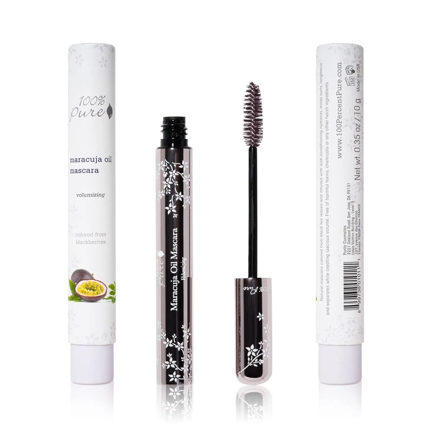 100% PURE Maracuja Oil Mascara Dramatic Intense Volume & Length Natural Fruit Pigmented Voluminous Eyelash Makeup No Clumping, Smudging or Flaking - Vegan, Blackberry Color - 0.35 oz