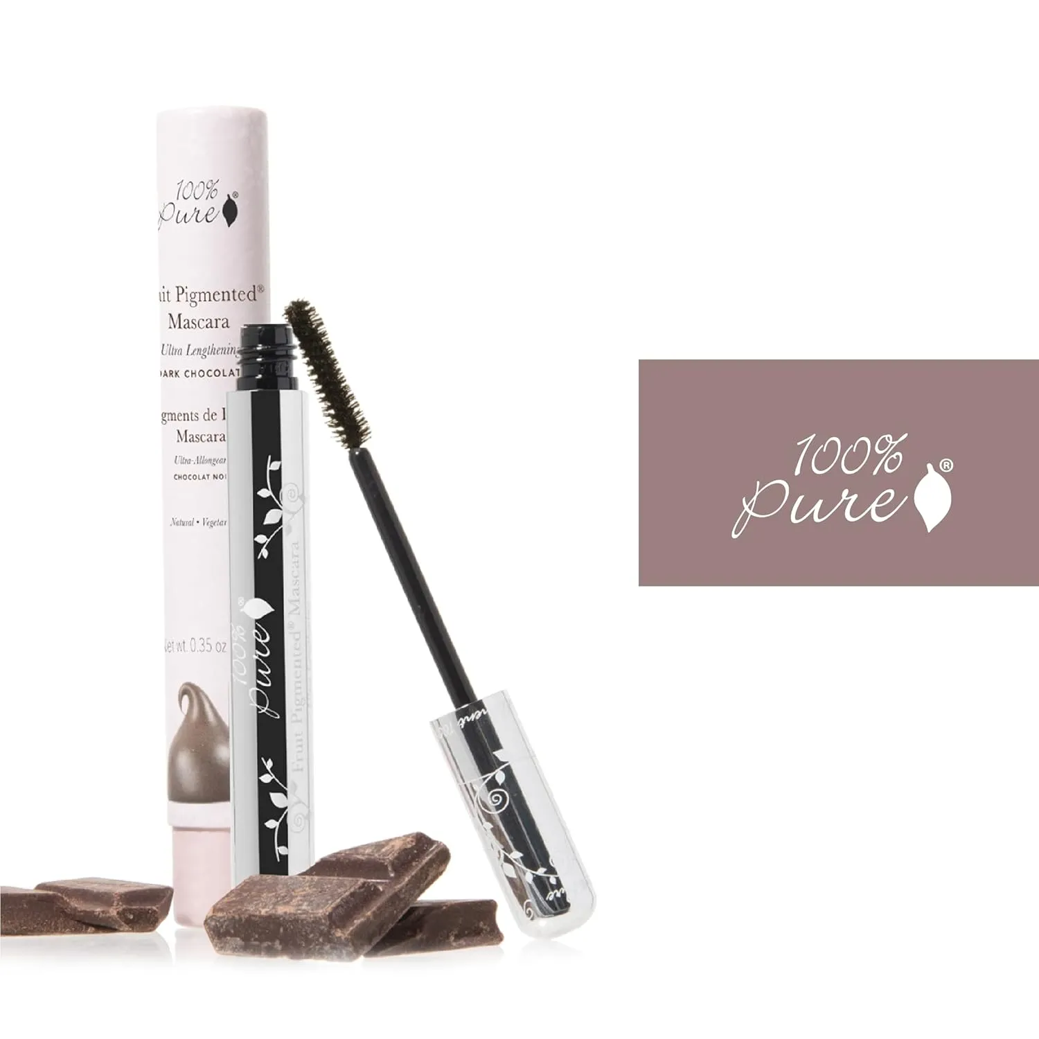 100% PURE Ultra Lengthening Mascara Dramatic Intense Volume & Length Natural Fruit Pigmented Voluminous Eyelash Makeup No Clumping, Smudging or Flaking - Vegan, Dark Chocolate Color - 0.35 oz