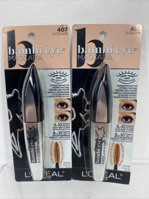 (2) L'oreal 407 Extra Noir Black Bambi Eye Opening Volumizing Mascara Washable