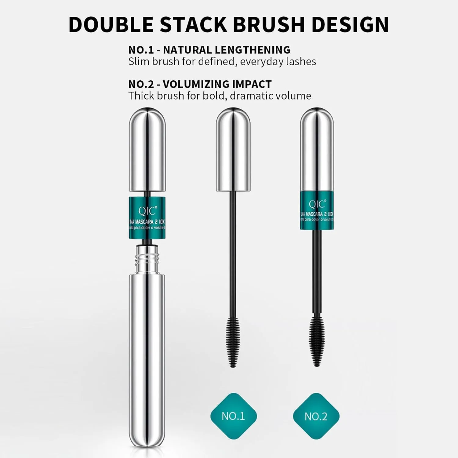2PCS 2-in-1 Dual Brush Mascara – Natural Lengthening & Volumizing Waterproof Mascara with Small & Large Wands for Customizable Lash Look, Clump-Free & Smudge Proof (Green&Silvery Tube-2PC)