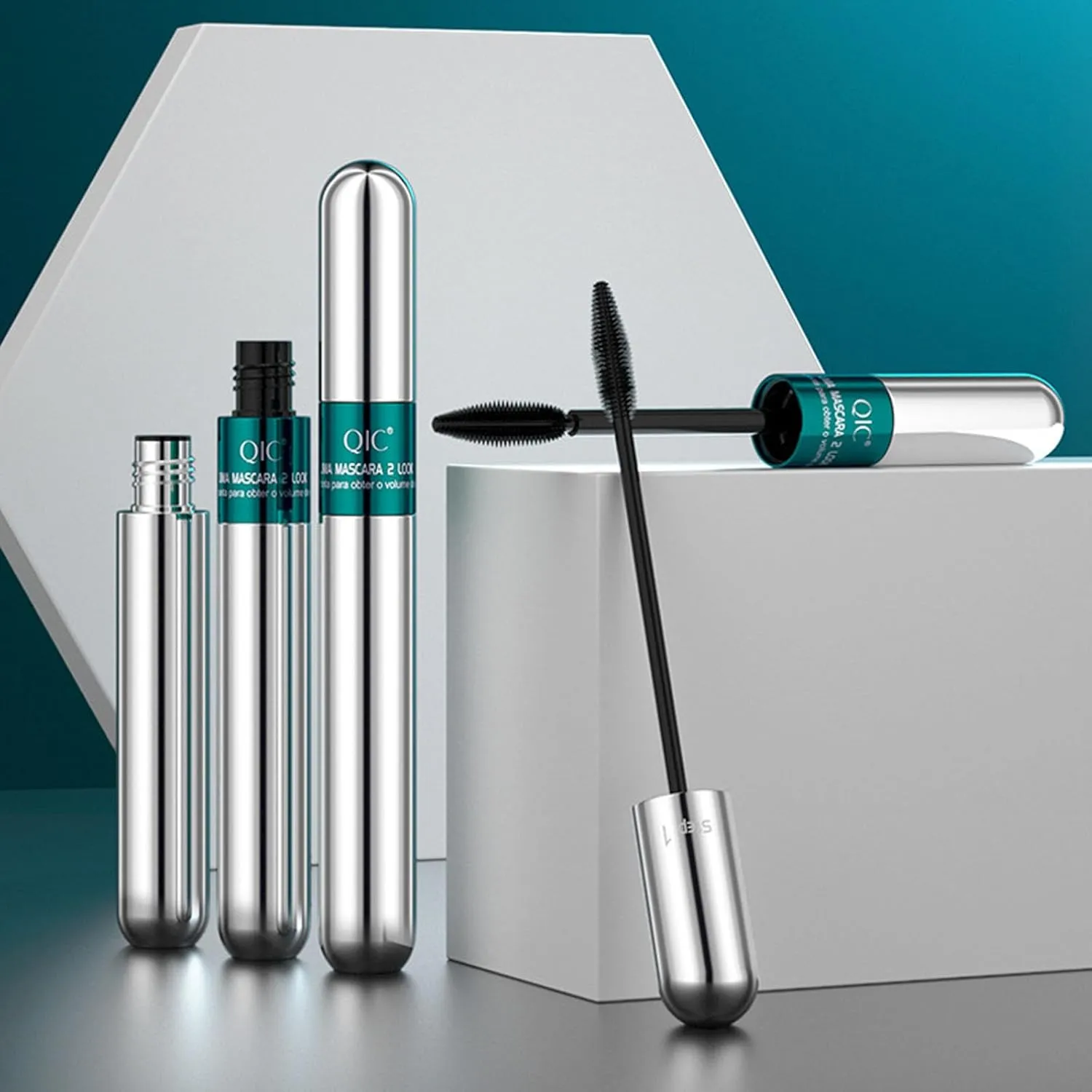 2PCS 2-in-1 Dual Brush Mascara – Natural Lengthening & Volumizing Waterproof Mascara with Small & Large Wands for Customizable Lash Look, Clump-Free & Smudge Proof (Green&Silvery Tube-2PC)