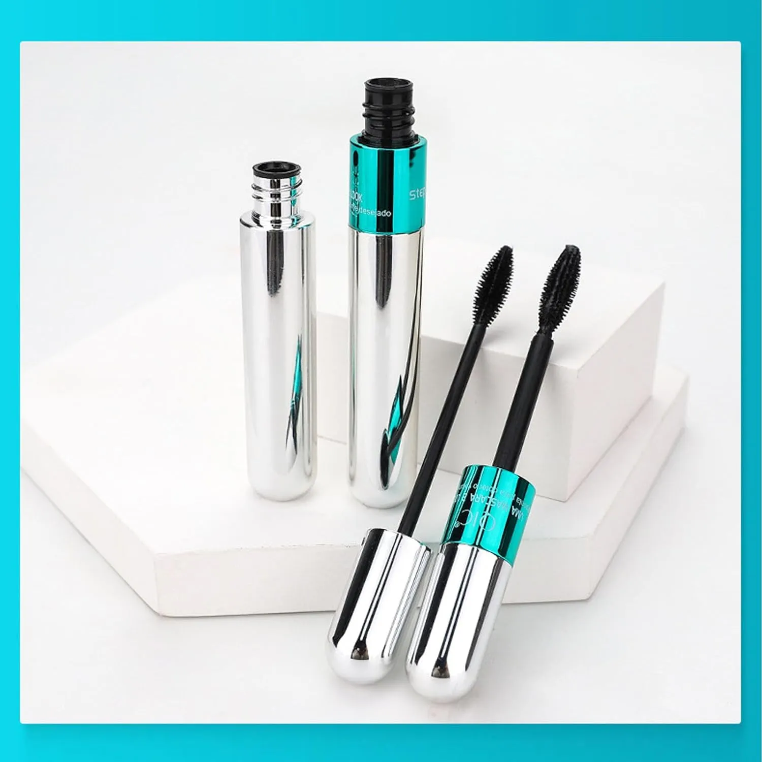 2PCS 2-in-1 Dual Brush Mascara – Natural Lengthening & Volumizing Waterproof Mascara with Small & Large Wands for Customizable Lash Look, Clump-Free & Smudge Proof (Green&Silvery Tube-2PC)