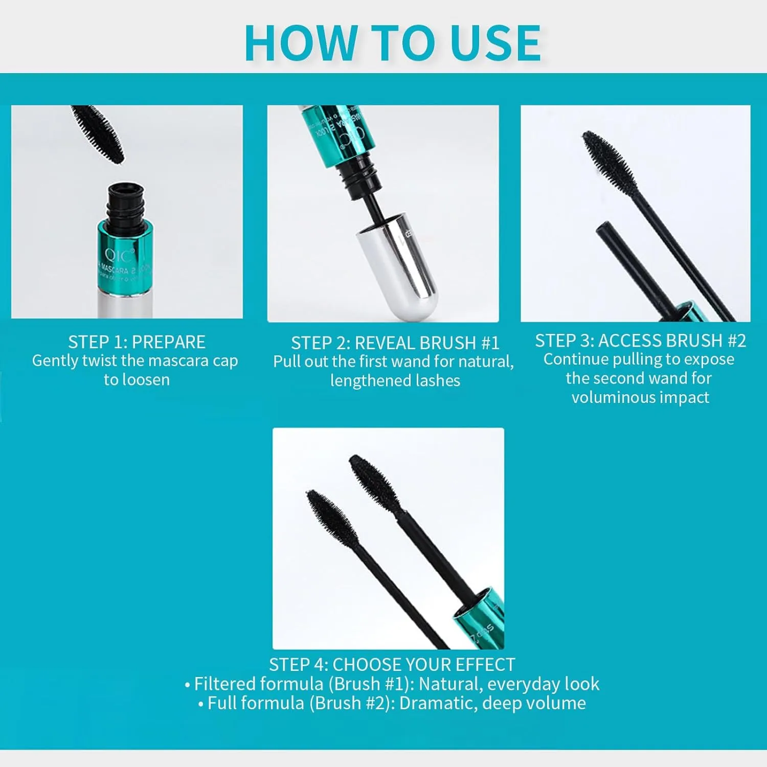 2PCS 2-in-1 Dual Brush Mascara – Natural Lengthening & Volumizing Waterproof Mascara with Small & Large Wands for Customizable Lash Look, Clump-Free & Smudge Proof (Green&Silvery Tube-2PC)
