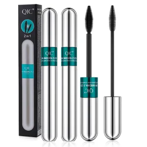 2PCS 2-in-1 Dual Brush Mascara – Natural Lengthening & Volumizing Waterproof Mascara with Small & Large Wands for Customizable Lash Look, Clump-Free & Smudge Proof (Green&Silvery Tube-2PC)
