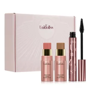 3 Pcs Unidollss Tubing Mascara and Blush Stick Set, Volume and Length Black Mascara Lengthening Long Lasting All Day, Washable Voluminous Tubing with a Random Accessory Included(02,05)