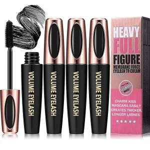 4D Silk Fiber Lash Mascara Waterproof Smudge-Proof Long-Lasting Eyelash Extension Makeup for Thicker Voluminous Dramatic Lashes Hypoallergenic Formula Black Mascara 3 Pack