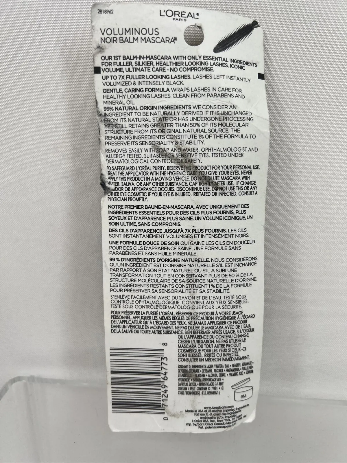 980 Black Loreal Voluminous Noir Balm Volumizing Vegan Mascara #0.26 Fl. Oz.