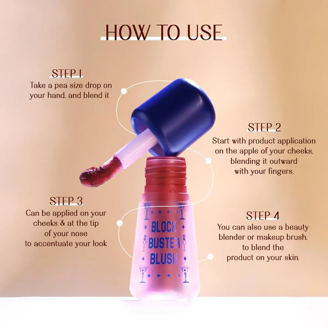 BEMT Block Buster Blush Creme - Natural Dewy Matte Finish, Buildable & Long-Lasting Formula, Blendable (Deep Pink) 5.5ml