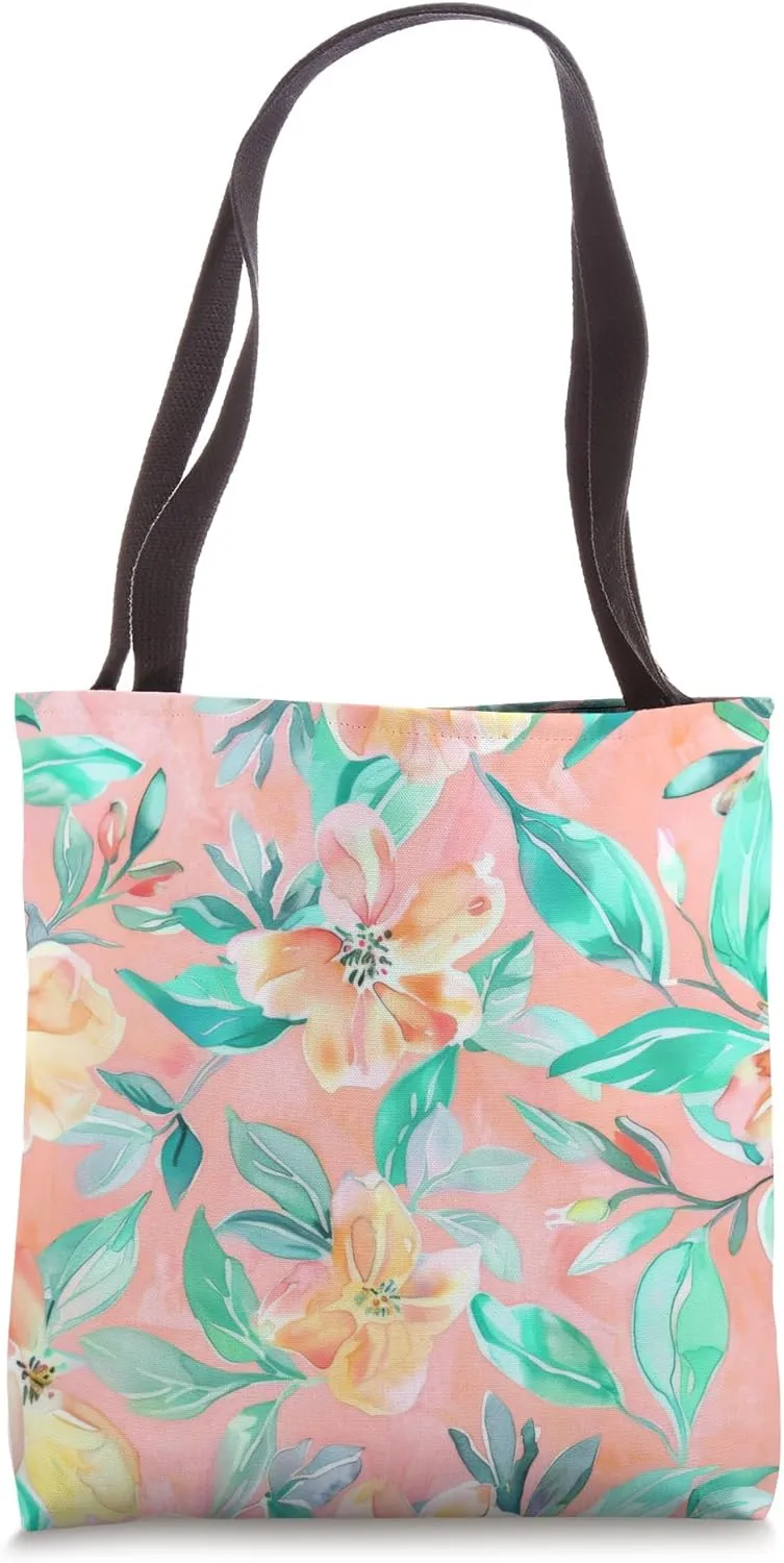 Blush Peach Pink Rose Floral Pattern Coral Mint Aqua Flower Tote Bag