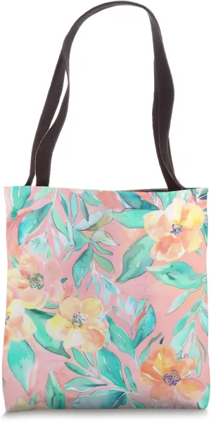 Blush Peach Pink Rose Floral Pattern Coral Mint Aqua Flower Tote Bag