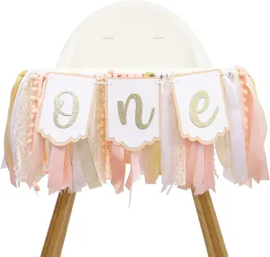 Blush Pink Peach One Year High Chair Banner - Peachy Pink 1st Birthday Party Decorations, Girls’ First Pink Party Banner, Baby Girl Birthday Highchair Banner, First Birthday Photo Prop Cake Smash