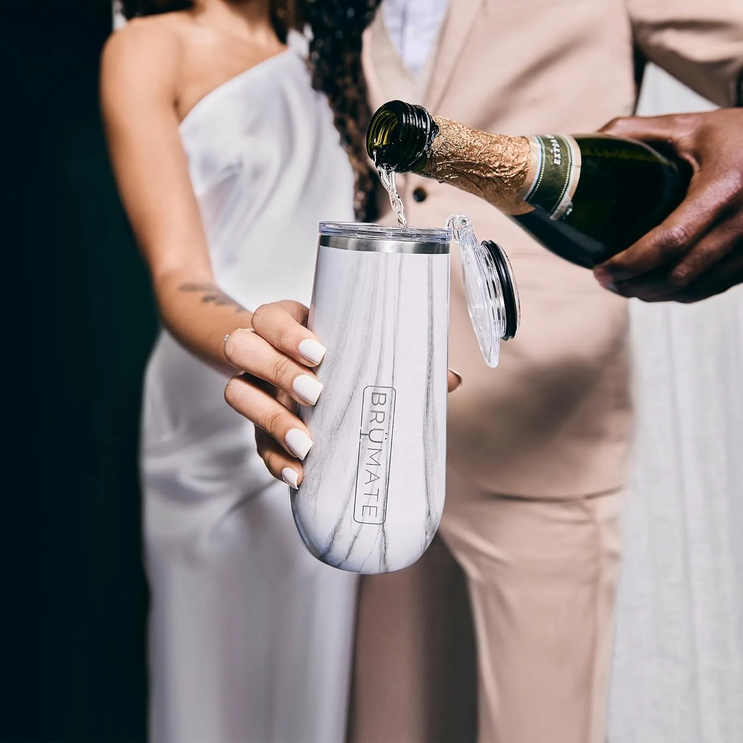 BrüMate 12oz Insulated Champagne Flute With Flip-Top Lid - Made With Vacuum Insulated Stainless Steel (Blush)