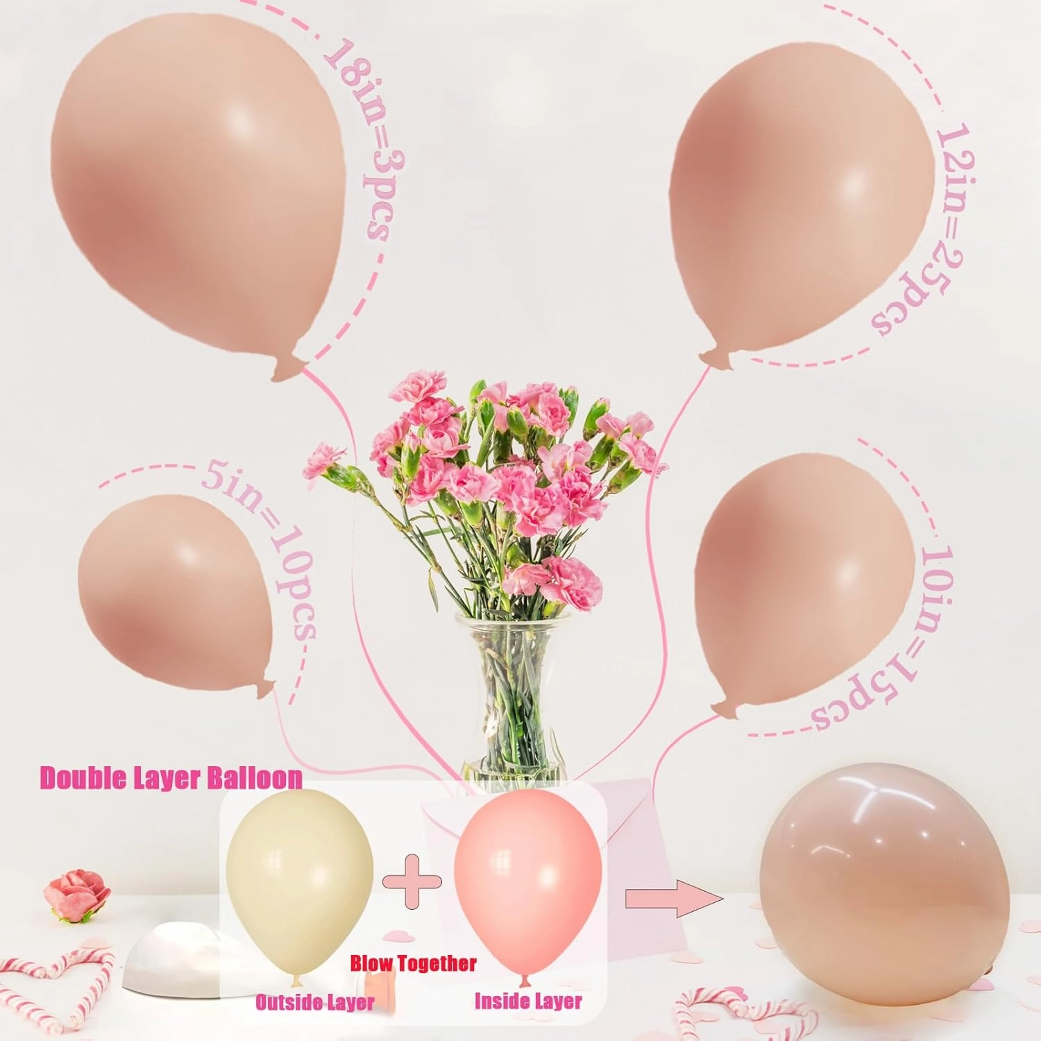 Double Stuffed Peach Pink Balloons Different Sizes 18/12/10/5 Inch, Double Stuffed Pastel Cream Blush Balloon Arch Garland for Boho Party, Baby Shower, Birthday, Weddings, Neutral Party(Cream Blush）