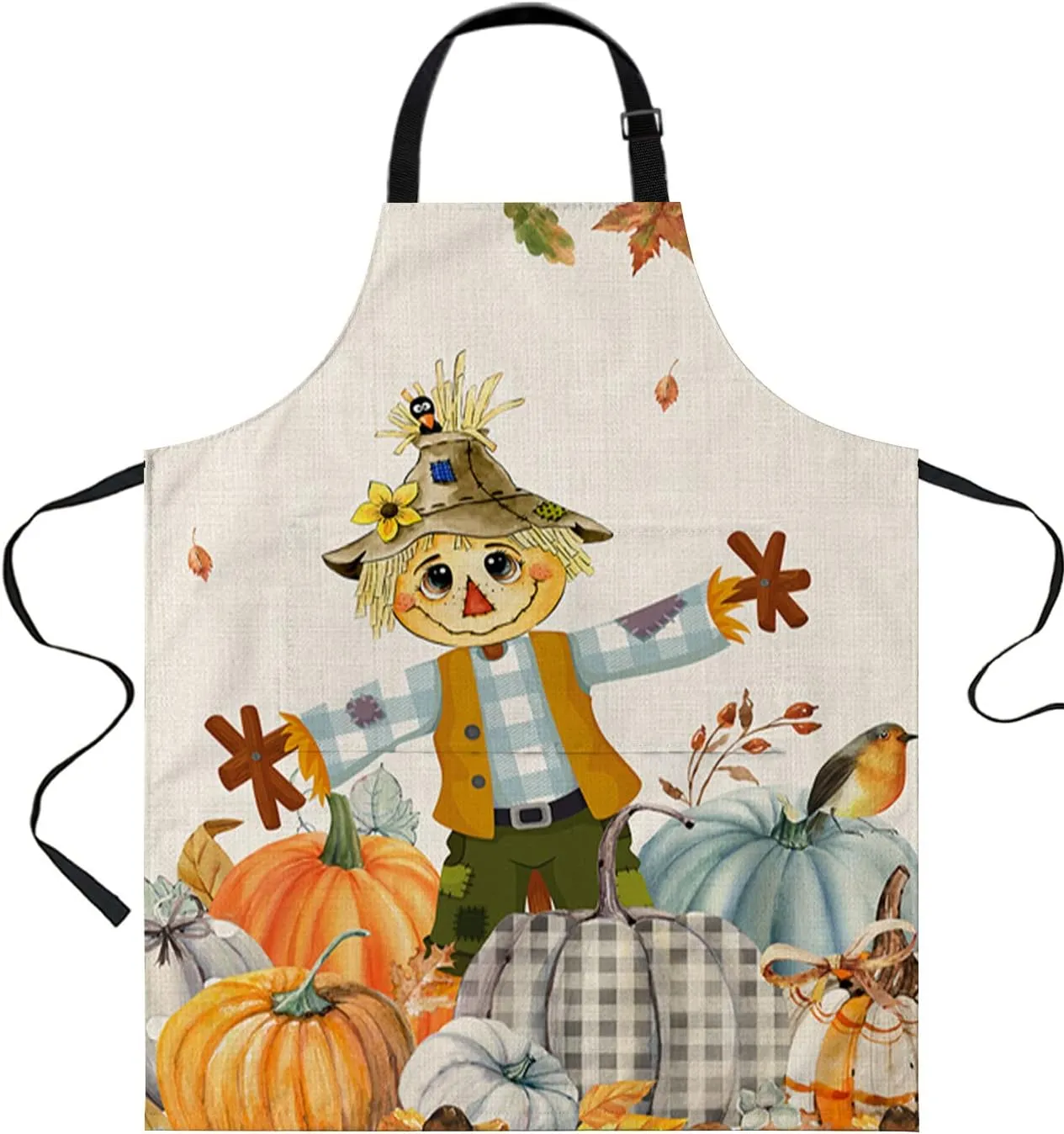 Fall Scarecrow Waterproof Apron With Pockets, Autumn Thanksgiving Pumpkin Maple Burlap Kitchen Chefs Bib Cooking BBQ Grill Bake Adjustable Aprons for Women/Kids Home Garden Grooming Painting Gardening