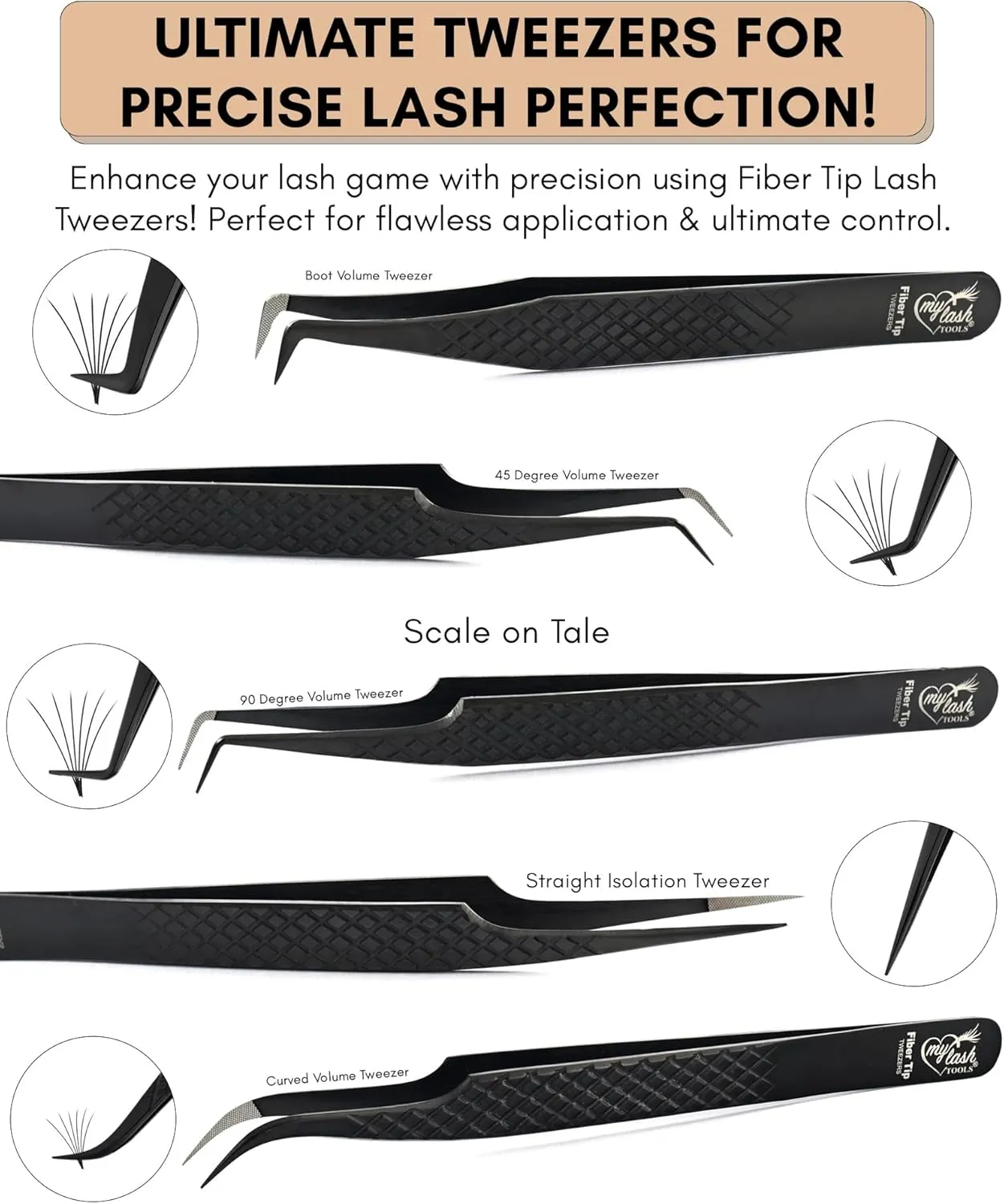Fiber Tip Lash Tweezers Set for Eyelash Extensions – Curved Classic, Mega 90 Degree Boot, 45 Degree Angle & Isolation Tweezer, Stainless Steel Precision, Non Slip Professional Application Kit