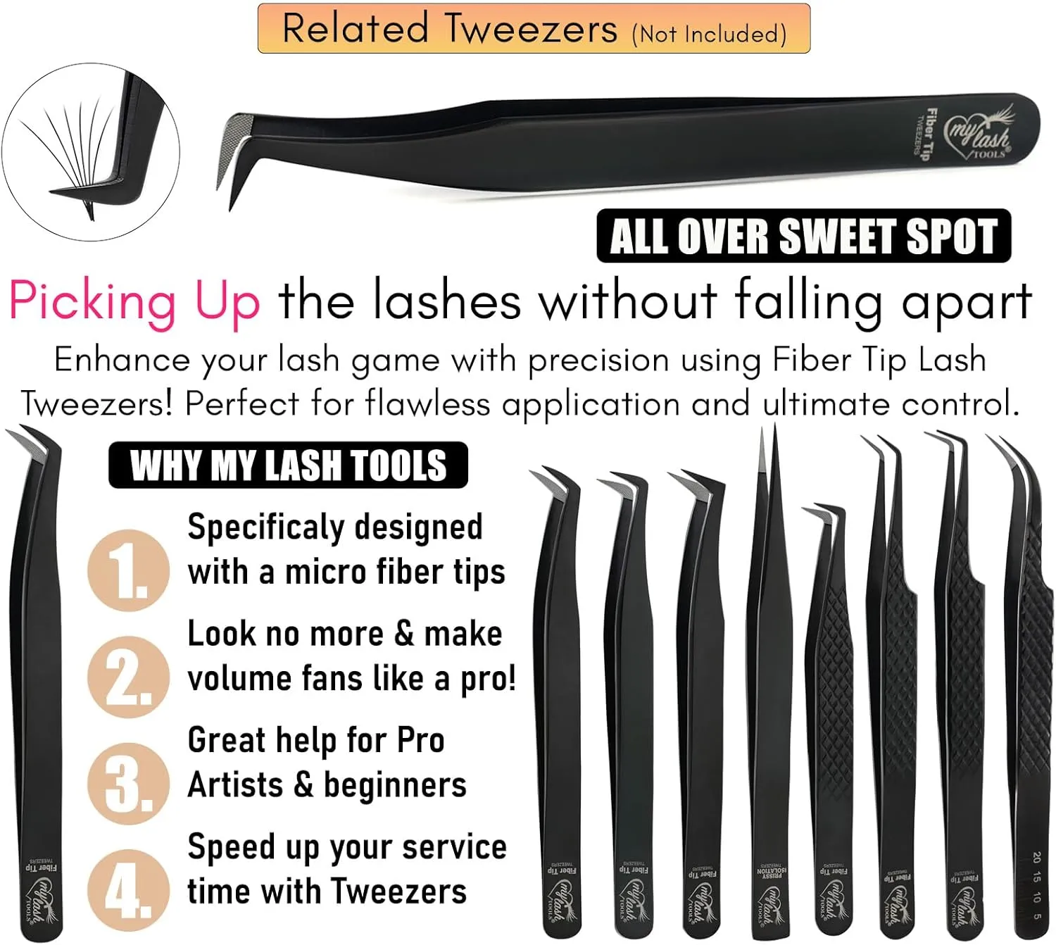 Fiber Tip Lash Tweezers Set for Eyelash Extensions – Curved Classic, Mega 90 Degree Boot, 45 Degree Angle & Isolation Tweezer, Stainless Steel Precision, Non Slip Professional Application Kit