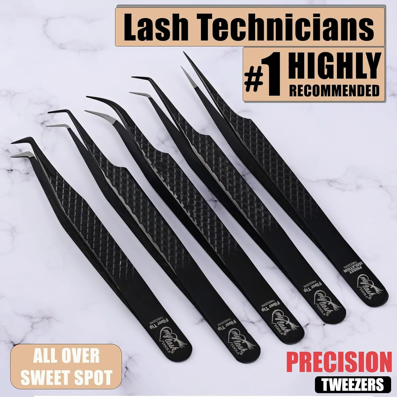 Fiber Tip Lash Tweezers Set for Eyelash Extensions – Curved Classic, Mega 90 Degree Boot, 45 Degree Angle & Isolation Tweezer, Stainless Steel Precision, Non Slip Professional Application Kit