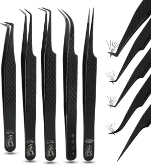 Fiber Tip Lash Tweezers Set for Eyelash Extensions – Curved Classic, Mega 90 Degree Boot, 45 Degree Angle & Isolation Tweezer, Stainless Steel Precision, Non Slip Professional Application Kit