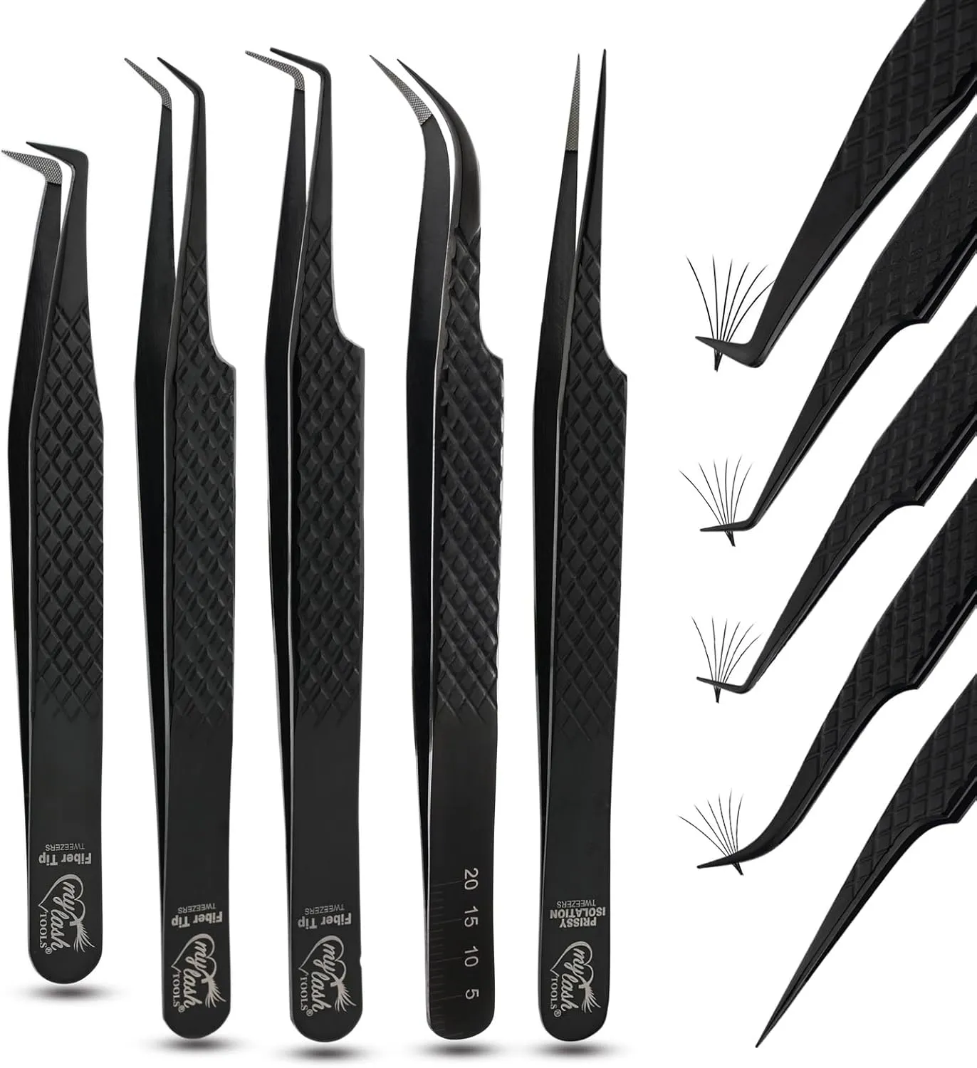 Fiber Tip Lash Tweezers Set for Eyelash Extensions – Curved Classic, Mega 90 Degree Boot, 45 Degree Angle & Isolation Tweezer, Stainless Steel Precision, Non Slip Professional Application Kit