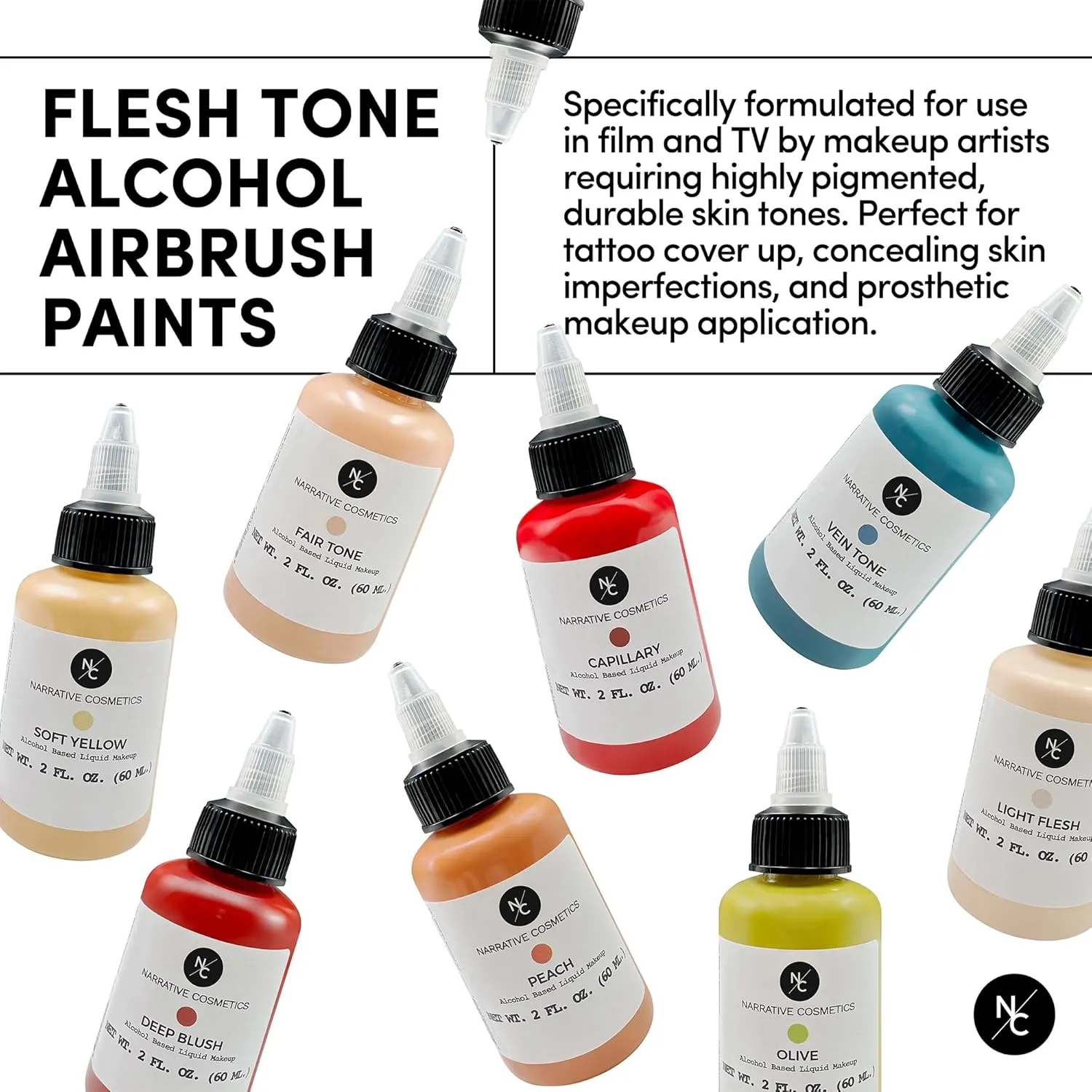 Flesh Tone Alcohol Airbrush Paints - 2 fl oz, Skin Safe, Quick Dry, Waterproof, Sweatproof, Transferproof Liquid Makeup for Tattoo Cover-Up, Bodypainting, FX Makeup - Chocolate