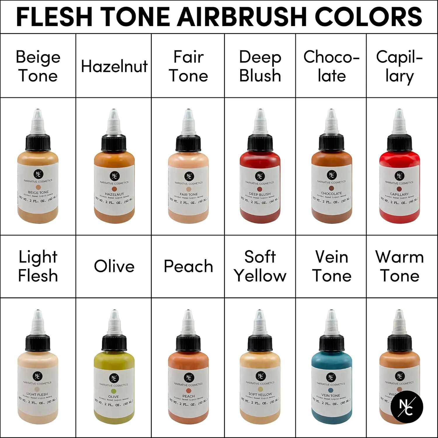 Flesh Tone Alcohol Airbrush Paints - 2 fl oz, Skin Safe, Quick Dry, Waterproof, Sweatproof, Transferproof Liquid Makeup for Tattoo Cover-Up, Bodypainting, FX Makeup - Chocolate