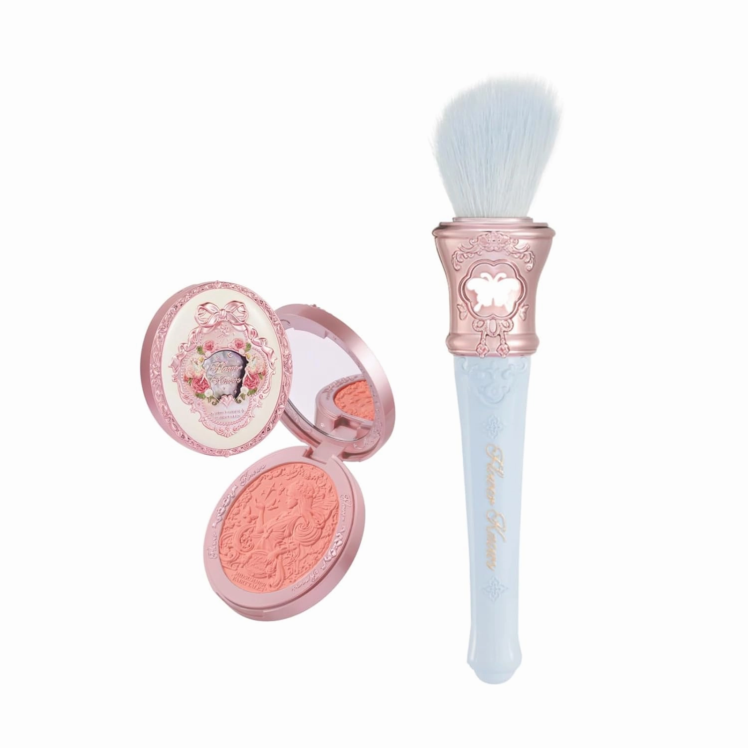 Flower Knows Midsummer Fairytales Embossed Blush 01 Blooming Days Butterfly Cloud Collar Angled Powder Brush Pearly Moonlight