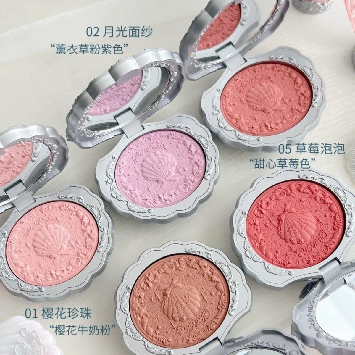 Flower Knows Shell Pearl Blush Matte Finish Embossed Powder for Soft Natural Glow Vintage-Inspired Romantic Vibe (C03)