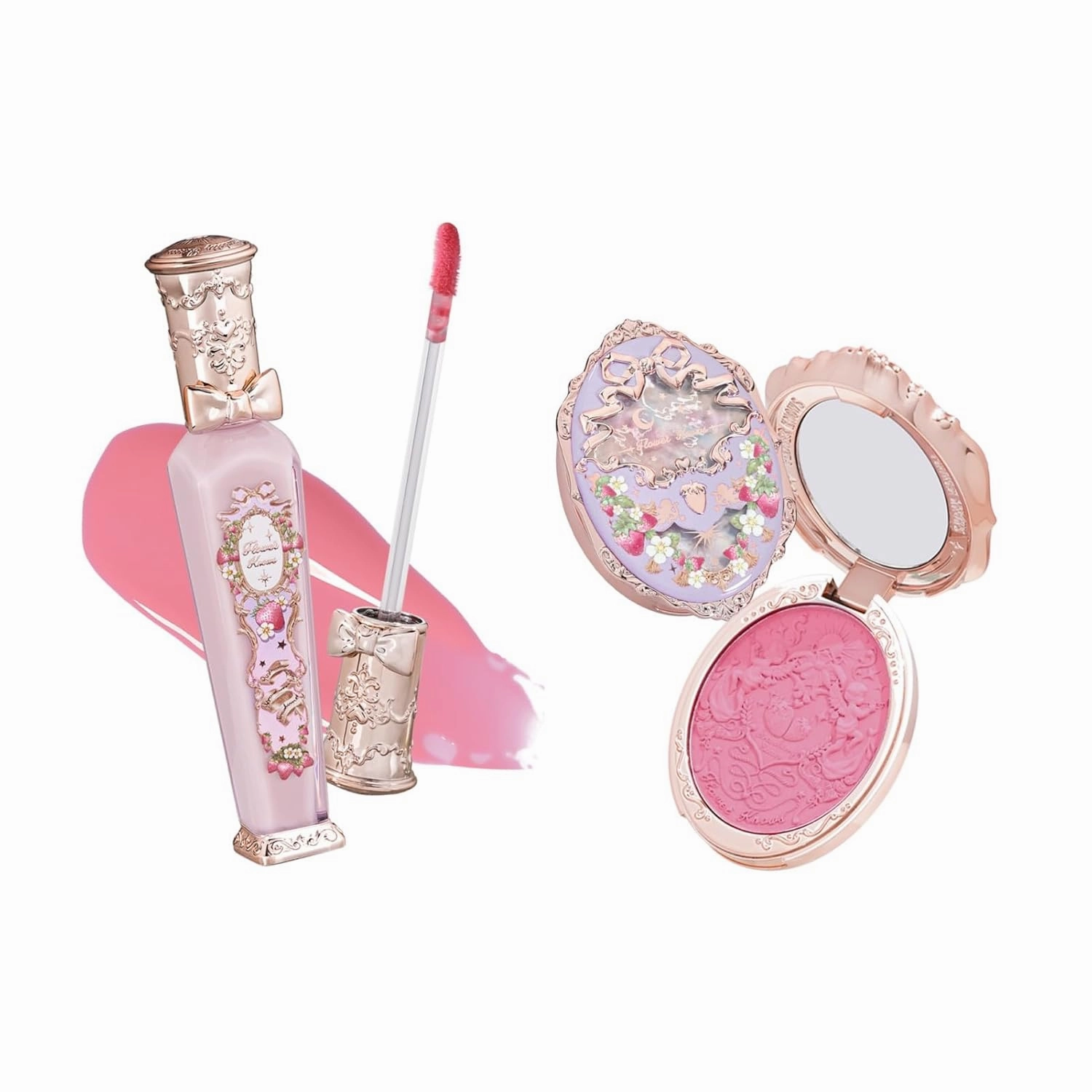 Flower Knows Strawberry Rococo Glowy Lip Gloss G01 Strawberry Macaron Embossed Blush G02 Little Cranberry