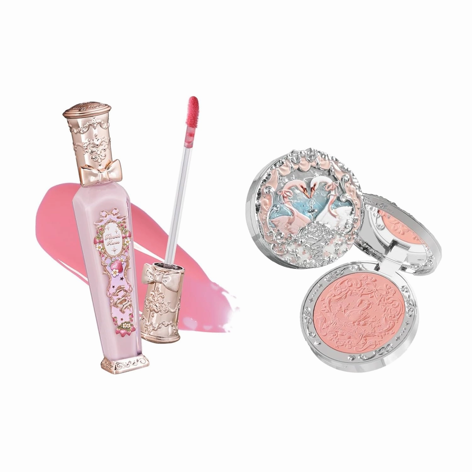 Flower Knows Strawberry Rococo Glowy Lip Gloss G01 Strawberry Macaron Swan Ballet Embossed Blush 05 Dreamy Season