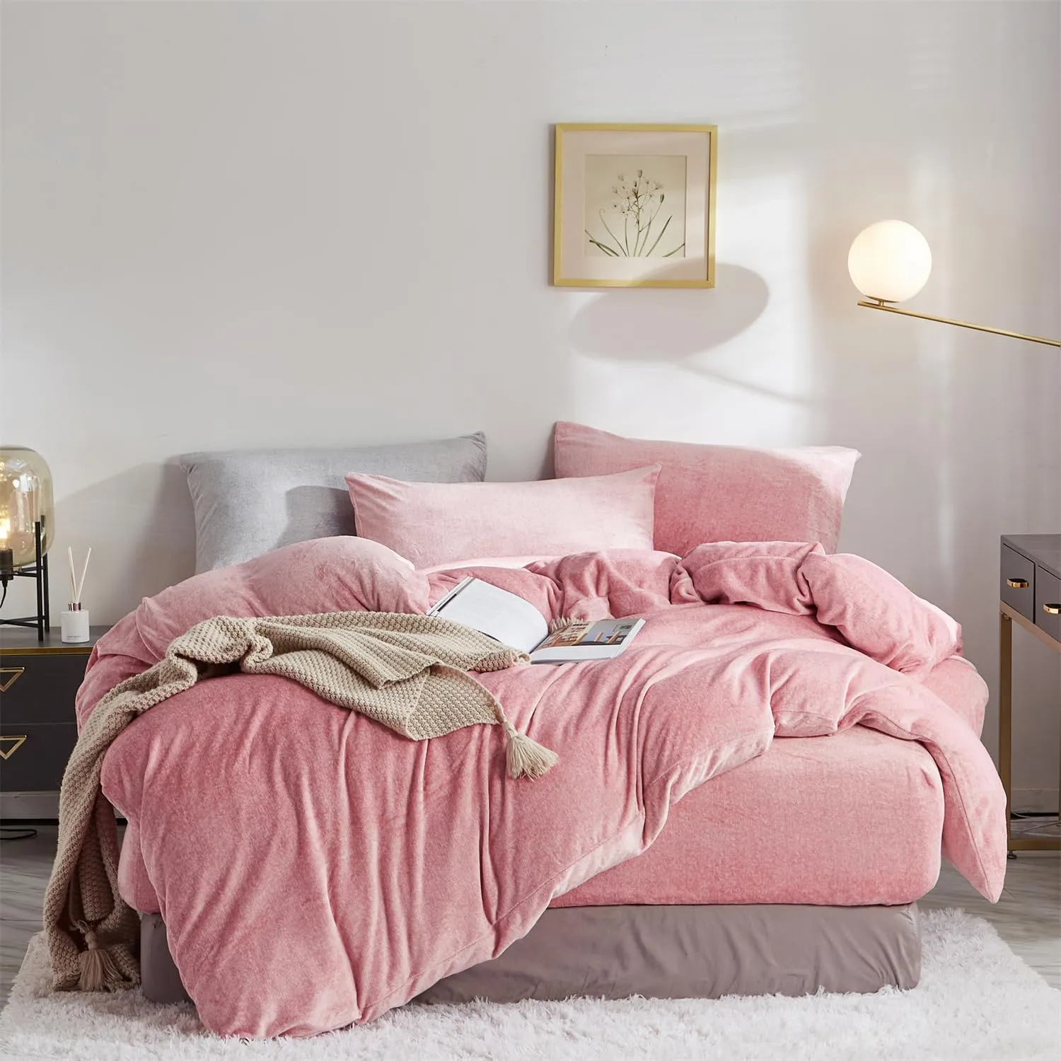 Fluffy Velvet Duvet Cover Set Blush Pink King Size Winter Soft Warm Flannel Comforter Cover Baby Pink 104" x 90" Luxury Cozy Plush Fleece Reversible Bedding Duvet Cover Set Pale Pink