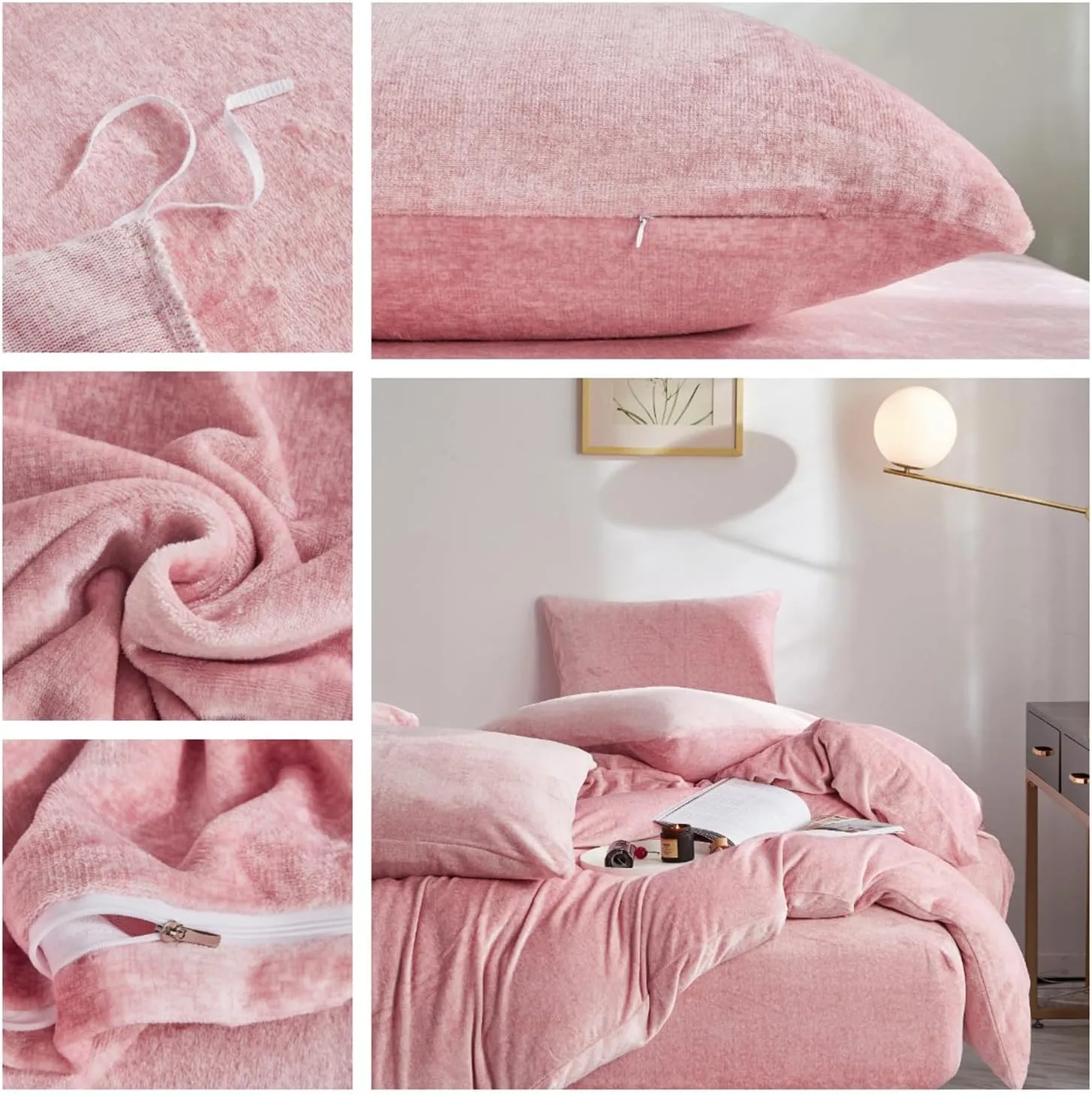 Fluffy Velvet Duvet Cover Set Blush Pink King Size Winter Soft Warm Flannel Comforter Cover Baby Pink 104" x 90" Luxury Cozy Plush Fleece Reversible Bedding Duvet Cover Set Pale Pink