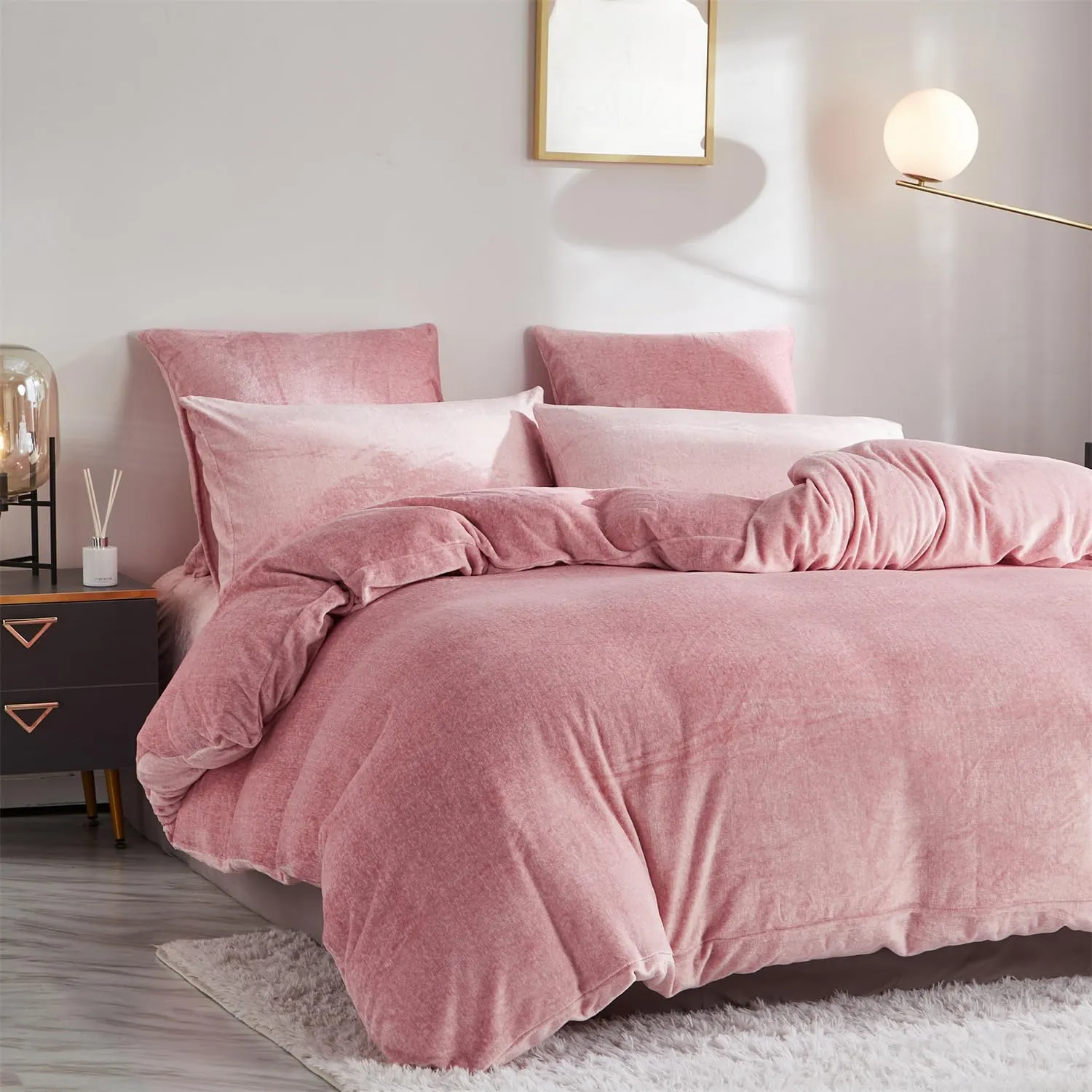 Fluffy Velvet Duvet Cover Set Blush Pink King Size Winter Soft Warm Flannel Comforter Cover Baby Pink 104" x 90" Luxury Cozy Plush Fleece Reversible Bedding Duvet Cover Set Pale Pink