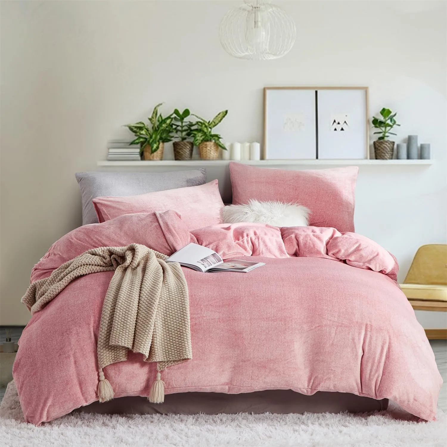 Fluffy Velvet Duvet Cover Set Blush Pink King Size Winter Soft Warm Flannel Comforter Cover Baby Pink 104" x 90" Luxury Cozy Plush Fleece Reversible Bedding Duvet Cover Set Pale Pink