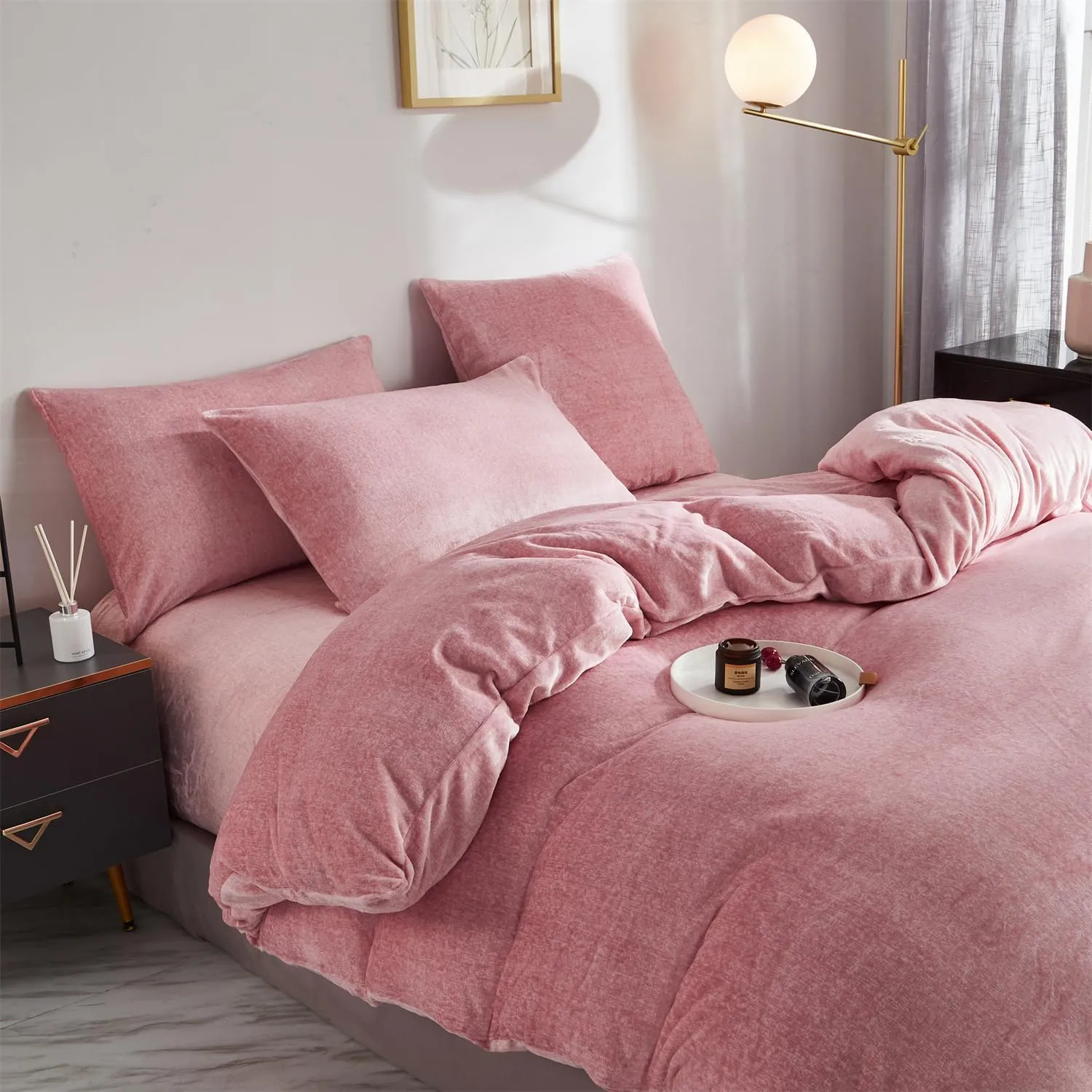 Fluffy Velvet Duvet Cover Set Blush Pink King Size Winter Soft Warm Flannel Comforter Cover Baby Pink 104" x 90" Luxury Cozy Plush Fleece Reversible Bedding Duvet Cover Set Pale Pink