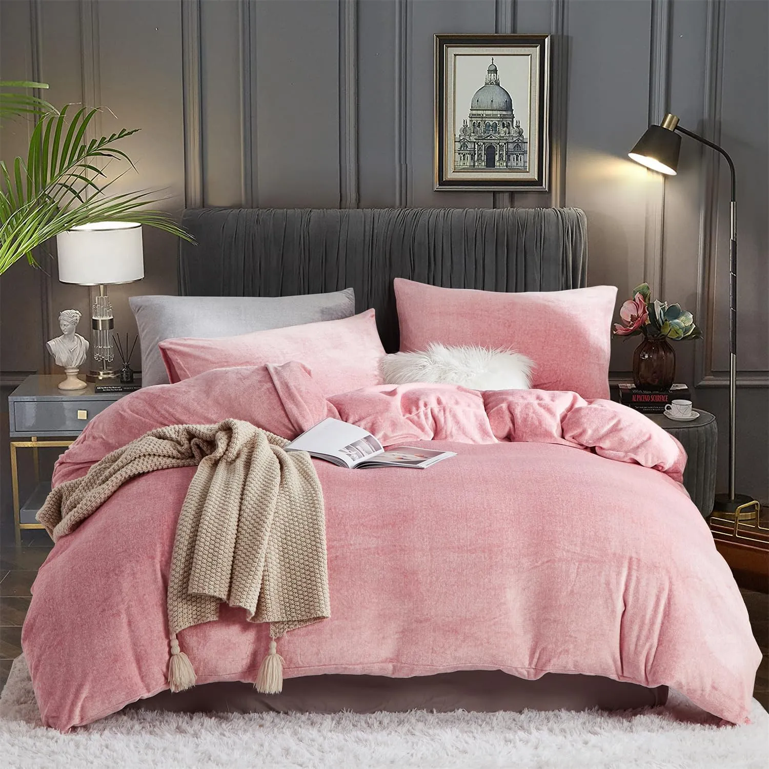 Fluffy Velvet Duvet Cover Set Blush Pink King Size Winter Soft Warm Flannel Comforter Cover Baby Pink 104" x 90" Luxury Cozy Plush Fleece Reversible Bedding Duvet Cover Set Pale Pink