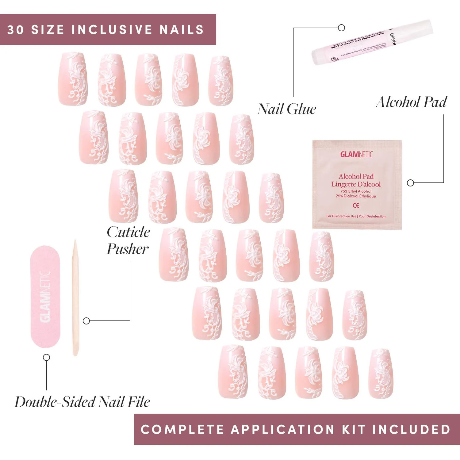 Glamnetic Press On Nails - Lace Blush | Medium Coffin Nails with Lace Detailing, Reusable Stick On Fake Nails with Glue | Love In Bloom Valentine’s Nails | 15 Sizes - 30 Nail Kit with Glue