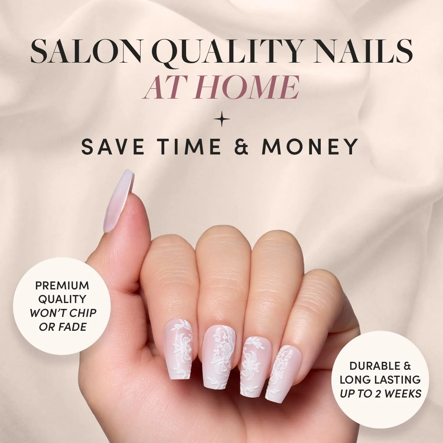 Glamnetic Press On Nails - Lace Blush | Medium Coffin Nails with Lace Detailing, Reusable Stick On Fake Nails with Glue | Love In Bloom Valentine’s Nails | 15 Sizes - 30 Nail Kit with Glue