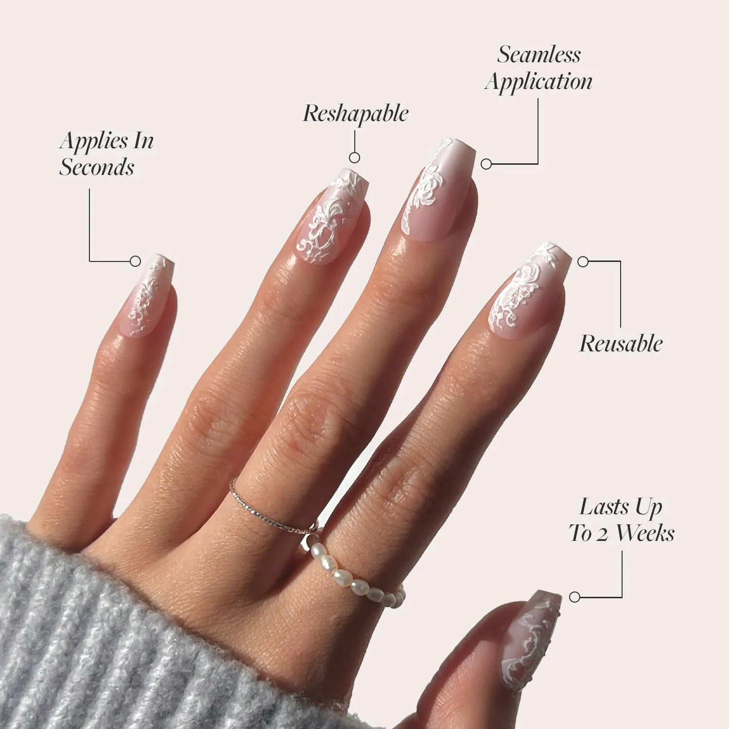 Glamnetic Press On Nails - Lace Blush | Medium Coffin Nails with Lace Detailing, Reusable Stick On Fake Nails with Glue | Love In Bloom Valentine’s Nails | 15 Sizes - 30 Nail Kit with Glue