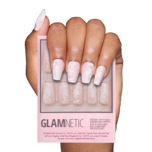 Glamnetic Press On Nails - Lace Blush | Medium Coffin Nails with Lace Detailing, Reusable Stick On Fake Nails with Glue | Love In Bloom Valentine’s Nails | 15 Sizes - 30 Nail Kit with Glue