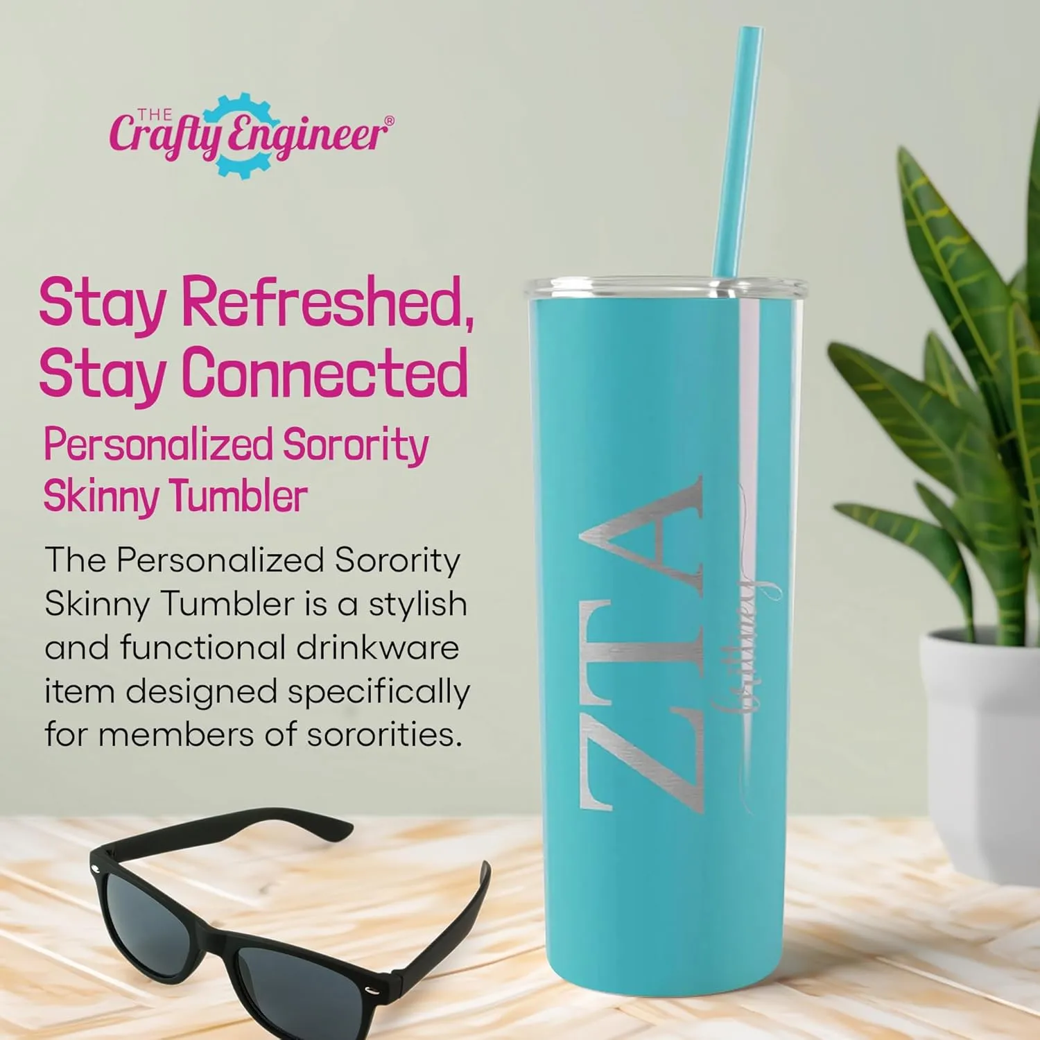 Go Greek Chic - Personalized Delta Zeta Sorority Skinny Tumbler - (Matte Blush), Custom Greek Life Drinkware, Laser Engraved Name and Insulated Tumbler with Lid & Straw, Keep Drinks Hot or Cold