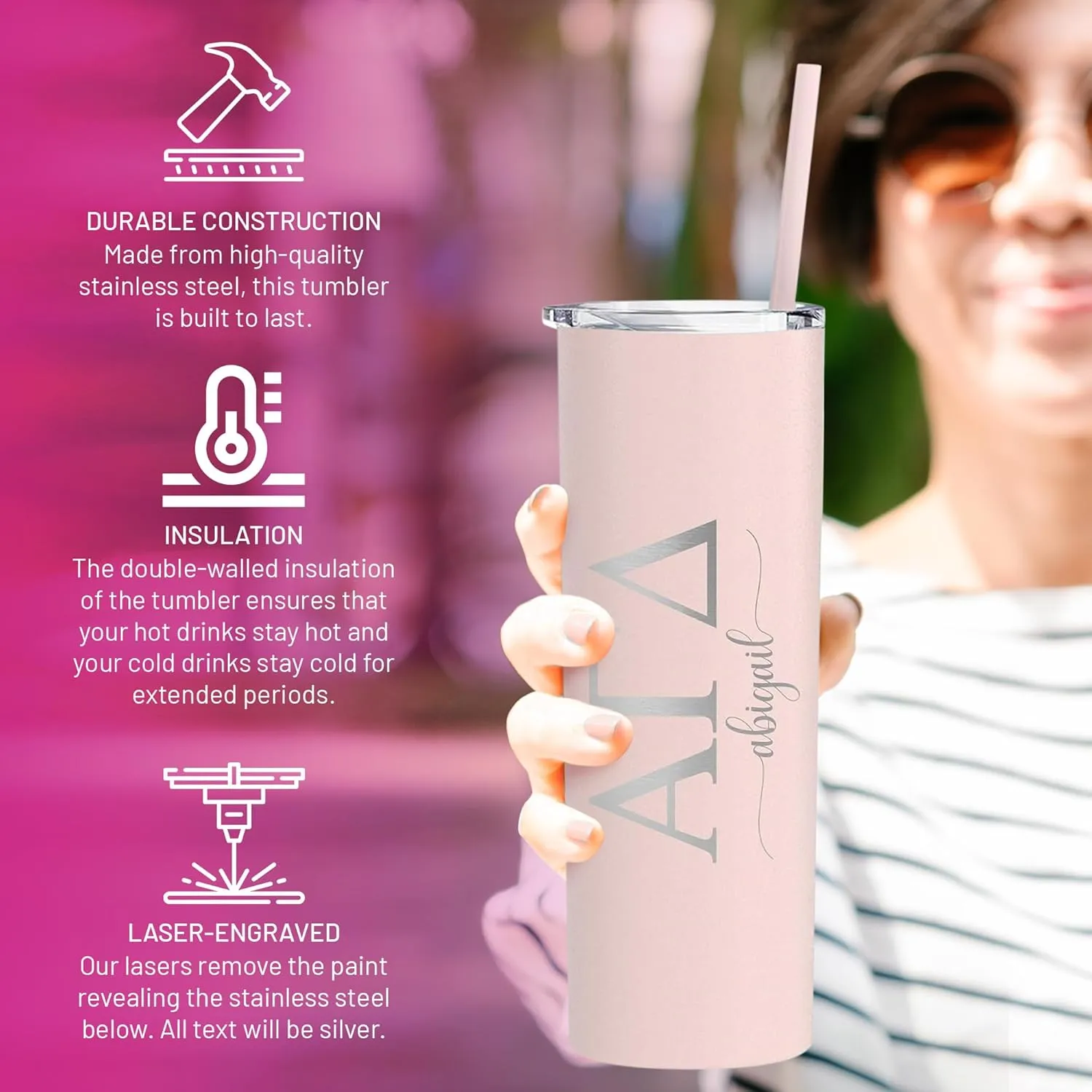 Go Greek Chic - Personalized Delta Zeta Sorority Skinny Tumbler - (Matte Blush), Custom Greek Life Drinkware, Laser Engraved Name and Insulated Tumbler with Lid & Straw, Keep Drinks Hot or Cold