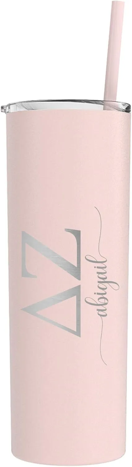 Go Greek Chic - Personalized Delta Zeta Sorority Skinny Tumbler - (Matte Blush), Custom Greek Life Drinkware, Laser Engraved Name and Insulated Tumbler with Lid & Straw, Keep Drinks Hot or Cold