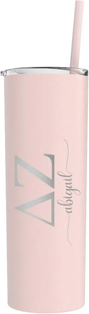 Go Greek Chic - Personalized Delta Zeta Sorority Skinny Tumbler - (Matte Blush), Custom Greek Life Drinkware, Laser Engraved Name and Insulated Tumbler with Lid & Straw, Keep Drinks Hot or Cold