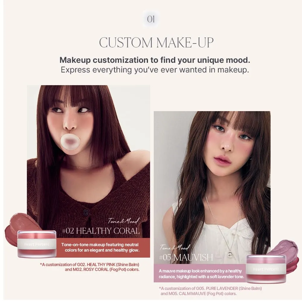 Heart Percent Dote On Mood Custom Lip & Cheek, Matte (Fog Pot)   Glow (Shine Balm) Dual Type Multi-use Blush & Lip Tint [#06. Bare Nude]