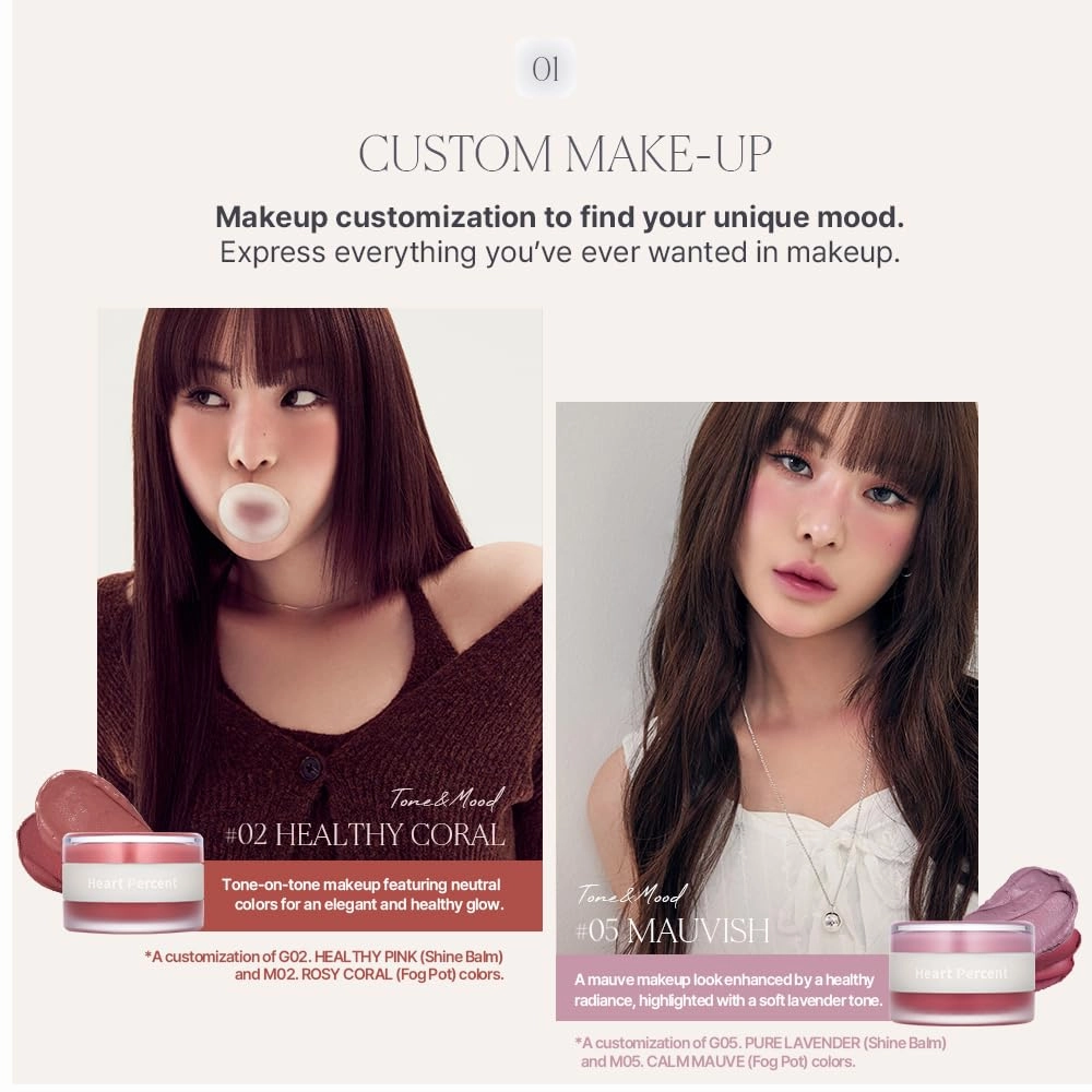 Heart Percent Dote On Mood Custom Lip & Cheek, Matte (Fog Pot)   Glow (Shine Balm) Dual Type Multi-use Blush & Lip Tint [#04. Soft Pink]