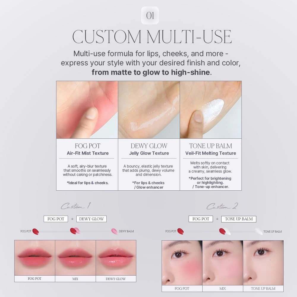 Heart Percent Dote On Mood Custom Lip & Cheek Single, Soft Velvety Tinted Balm Matte (Fog Pot) Air-Fit Mist Textures Multi-use Blush & Lip Tint 4.7g, M01. Coral