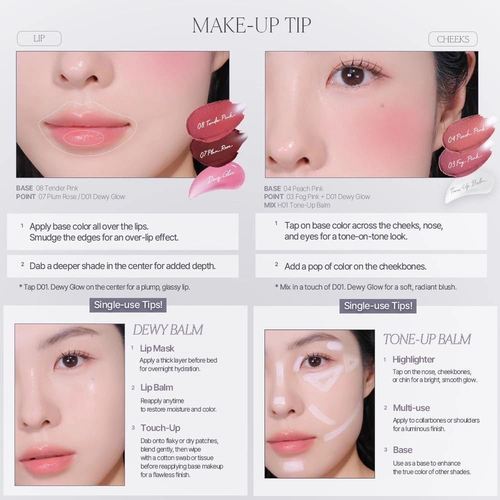 Heart Percent Dote On Mood Custom Lip & Cheek Single, Soft Velvety Tinted Balm Matte (Fog Pot) Air-Fit Mist Textures Multi-use Blush & Lip Tint 4.7g, M08. Tender Pink