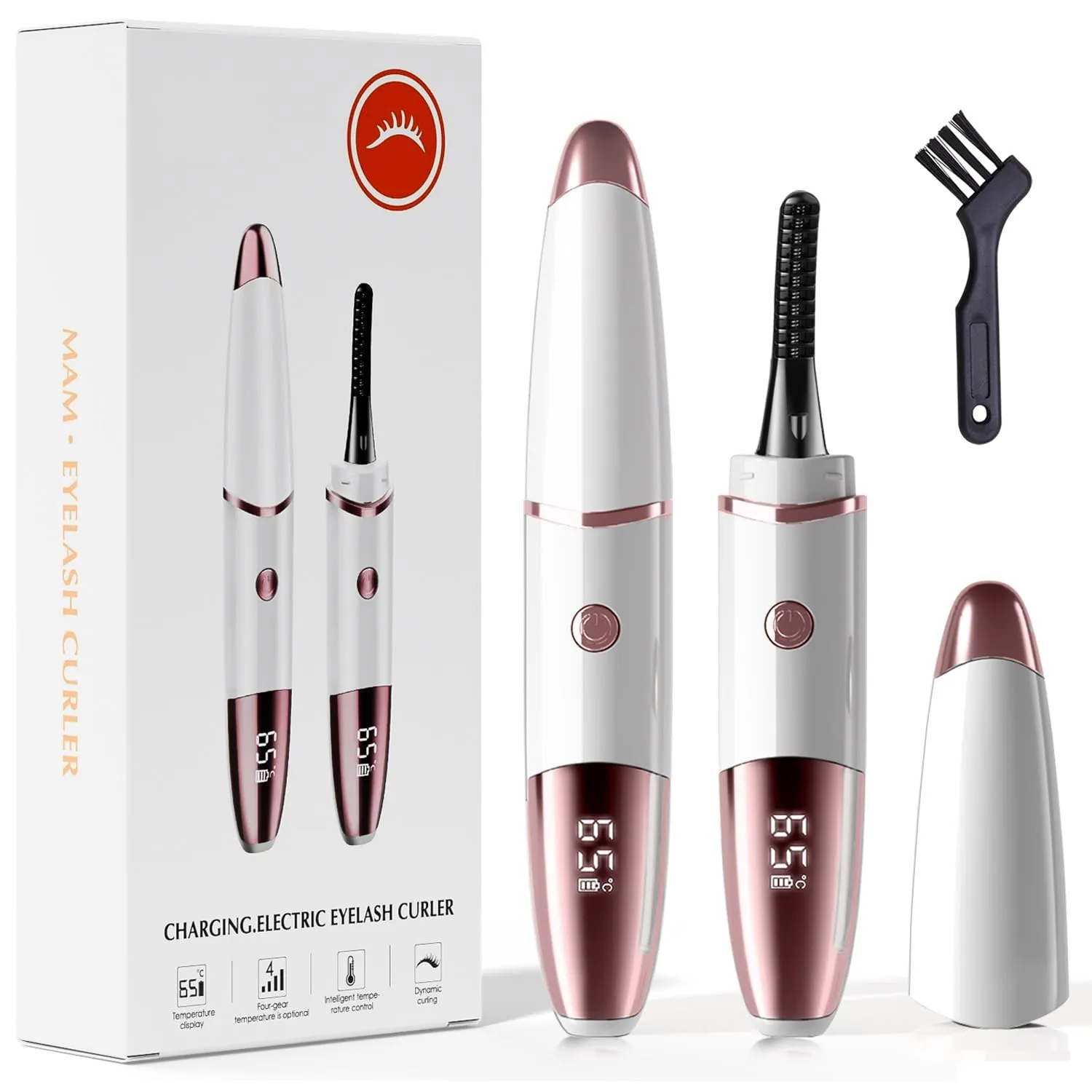 Heated Eyelash Curler, Fast Heat up Within 10s, 24 Hours Long Lasting, Rechargeable Electric Eyelash Curler, Temperature Control, Mini Lash Curler Safe Anti-Burn Eyelash Curle, with LED Display-White