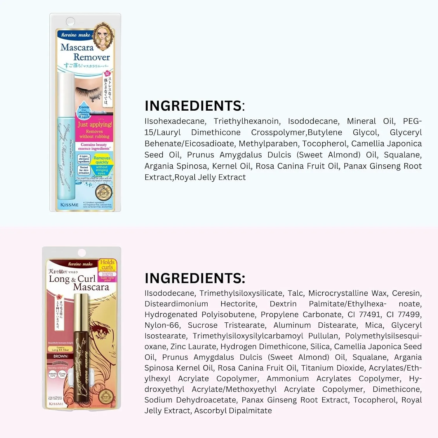 HEROINE MAKE by KISSME Mascara Duo Set | 2 Full-Size - Waterproof & Lengthening & Volume Fiber Tubing Mascara Brown   Gentle Eye Makeup Remover for Waterproof Mascara, Fast-Acting Cleanser