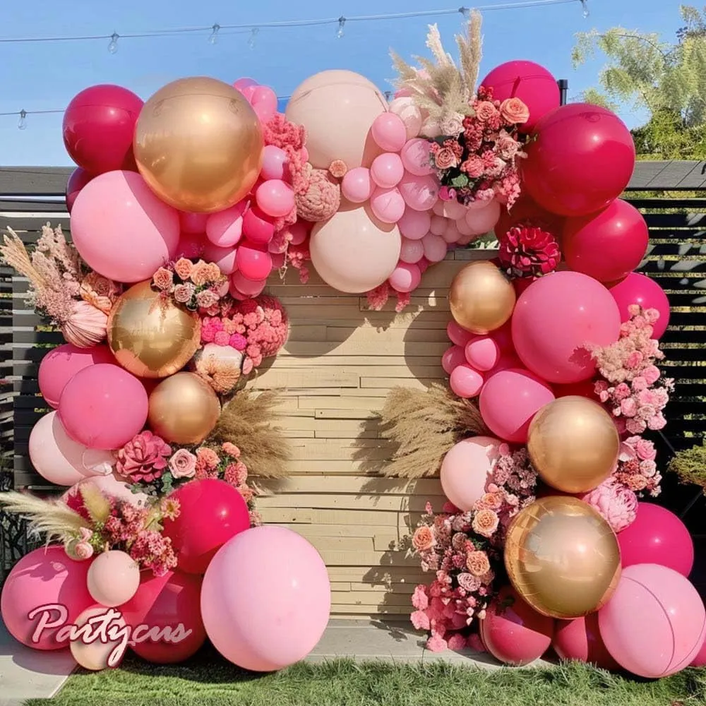 Hot Pink Balloon Arch Kit - Double Stuffed Dark Light Pink Magenta Blush Gold Balloon Garland for Birthday Baby Shower Wedding Summer Party Decoration